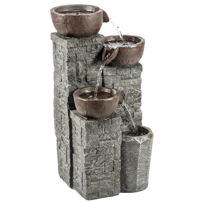 Compact 4-Tier Pot & Pillar Resin Waterfall Fountain | Hand-Painted | Warm White LED Lights | 3-Speed Adjustable Pump | 5W | 230V | 3m Cable | 26x25x50cm | Garden Patio & Balcony | Grey & Rustic Brown