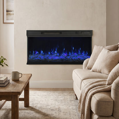 102cm Three-Sided Electric Fireplace Insert | Recessed, Cabinet-Fitted or Freestanding | 900/1800W, 12 Colours, Remote & Weekly Timer | Black