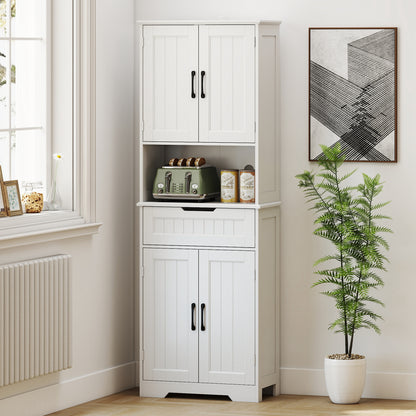 Tall Kitchen Pantry Cupboard | White MDF | 60x30x172cm | 2 Cabinets Adjustable Shelves | Open Counter Cable Hole | Drawer | Anti-Tip | Anti-Slip Feet | 45kg | Freestanding