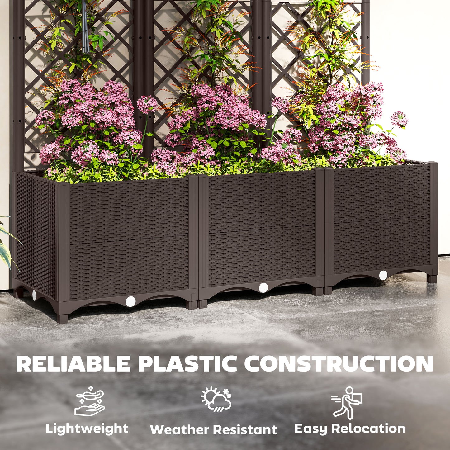 Large PP Raised Garden Bed with Trellis | 8 Drainage Holes & Drain Plugs | 75kg Capacity | 120x40x140cm | Indoor & Outdoor | Climbing Plants Veg & Flowers | Brown
