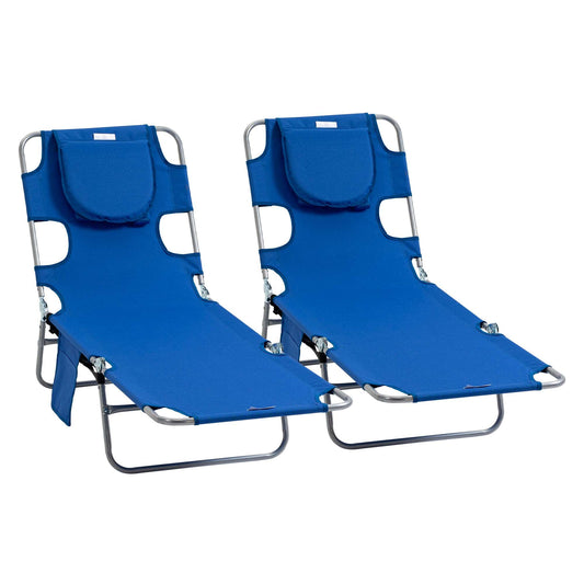 2 Pieces Foldable Sun Lounger Portable With 5 Level Adjustable Backrest, Reclining Lounge Chair with Side Pocket, Headrest Pillow, Blue