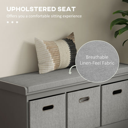 Shoe Bench with Seat, Shoe Storage Bench with Cushion and 3 Fabric Drawers for Entryway, Hallway, Living Room, Bedroom, Grey