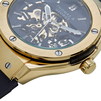 Thomas & George Norway Gold Edition Automatic Skeleton Watch | 42mm Gold-Tone Alloy Case & Black Dial | Flexible Black Silicone Strap | Optional Luxury Box