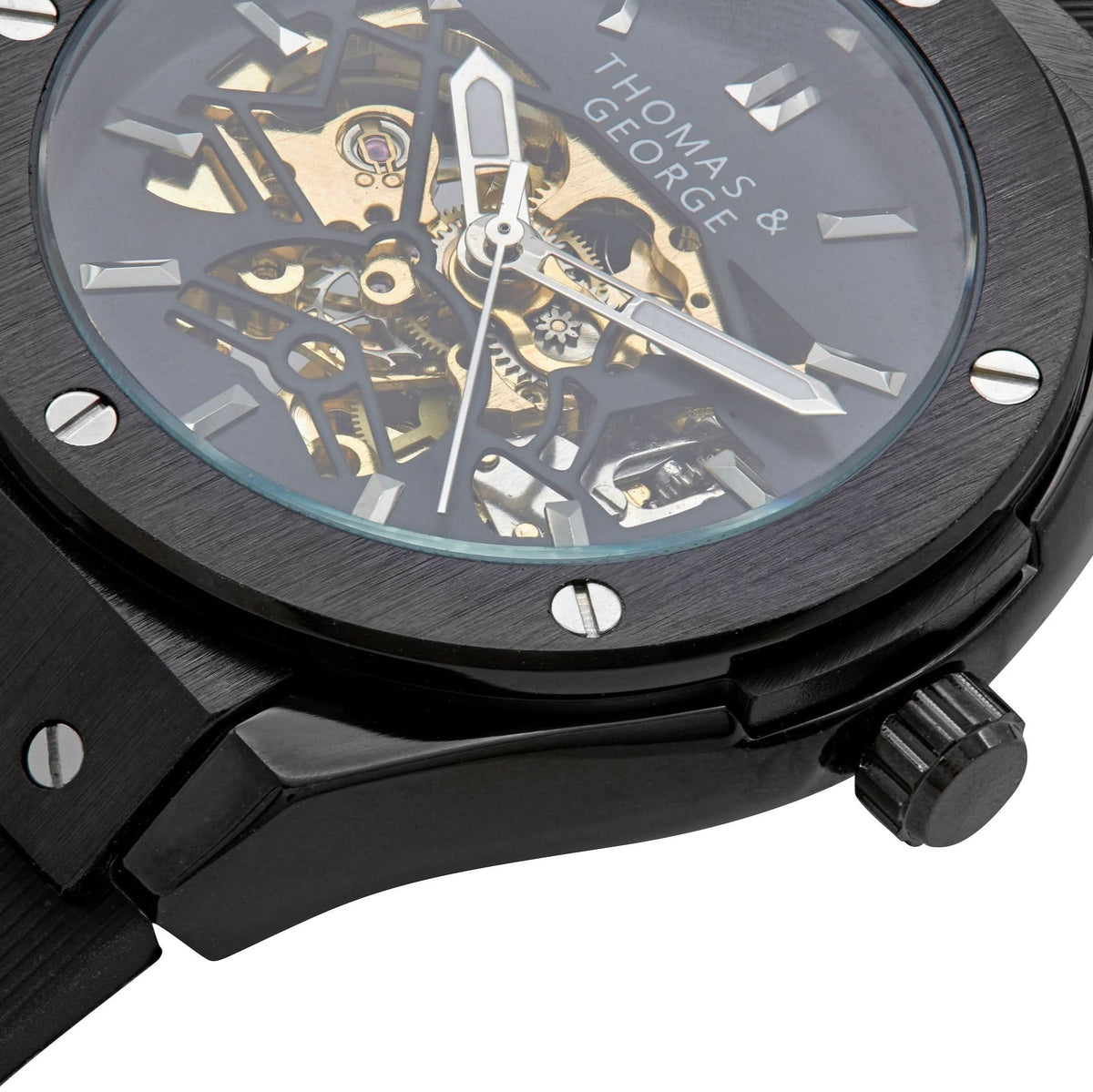 Thomas & George Norway Black Edition Automatic Skeleton Watch | 42mm Black Alloy Case & Open-Work Dial | Flexible Silicone Strap | Optional Luxury Box