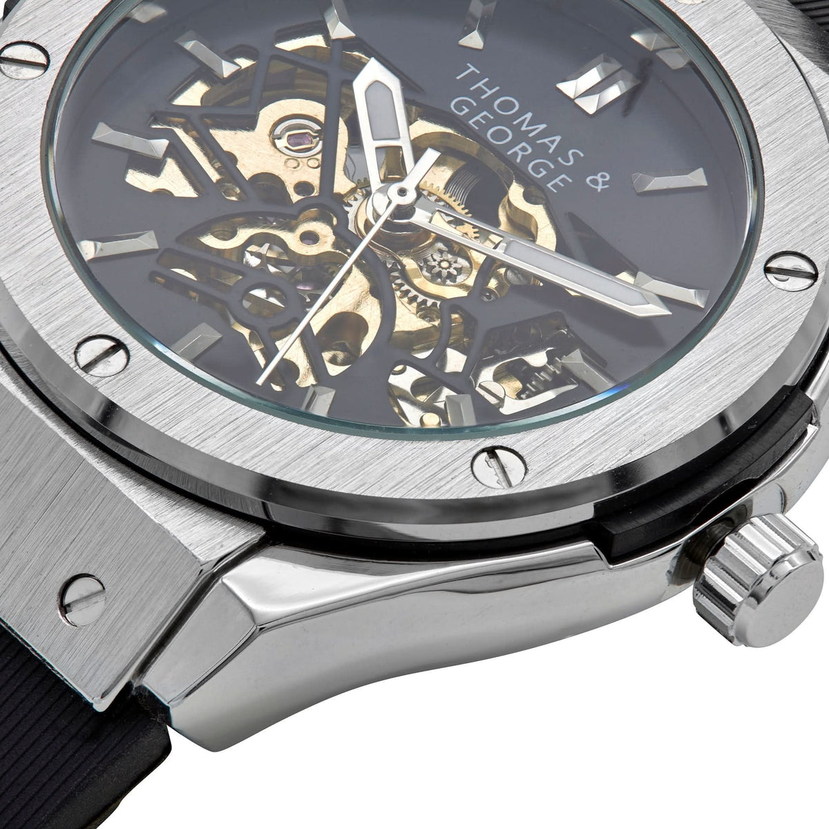 Thomas & George Norway Silver Edition Automatic Skeleton Watch | 42mm Silver-Tone Alloy Case & Black Dial | Flexible Black Silicone Strap