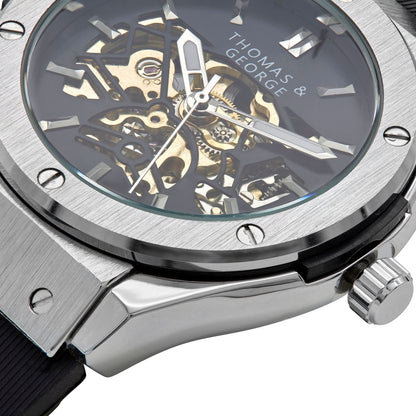 Thomas & George Norway Silver Edition Automatic Skeleton Watch | 42mm Silver-Tone Alloy Case & Black Dial | Flexible Black Silicone Strap