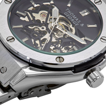 Thomas & George Norway Alloy Edition Automatic Skeleton Watch | 42mm Round Silver-Tone Alloy Case & Stainless Steel Bracelet | Optional Luxury Box