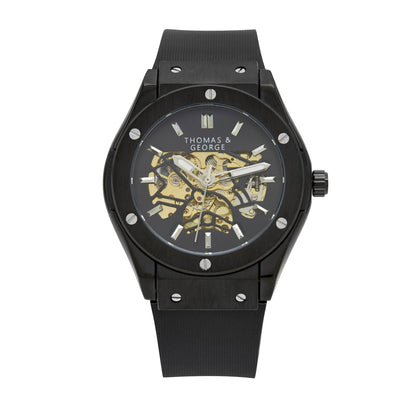 Thomas & George Norway Black Edition Automatic Skeleton Watch | 42mm Black Alloy Case & Open-Work Dial | Flexible Silicone Strap | Optional Luxury Box