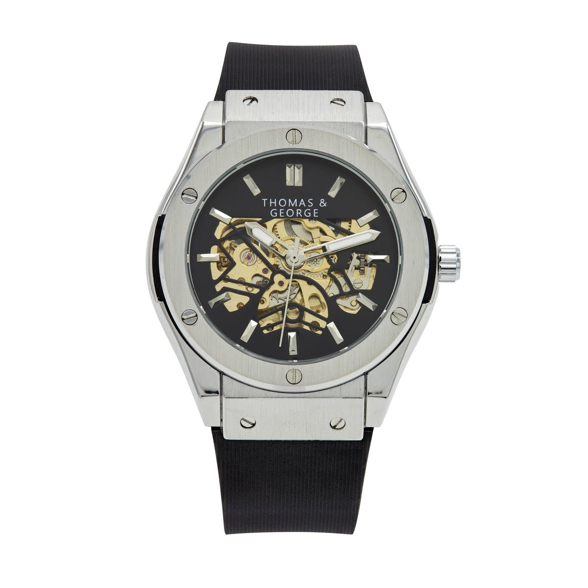 Thomas & George Norway Silver Edition Automatic Skeleton Watch | 42mm Silver-Tone Alloy Case & Black Dial | Flexible Black Silicone Strap