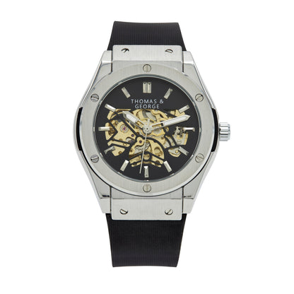Thomas & George Norway Silver Edition Automatic Skeleton Watch | 42mm Silver-Tone Alloy Case & Black Dial | Flexible Black Silicone Strap