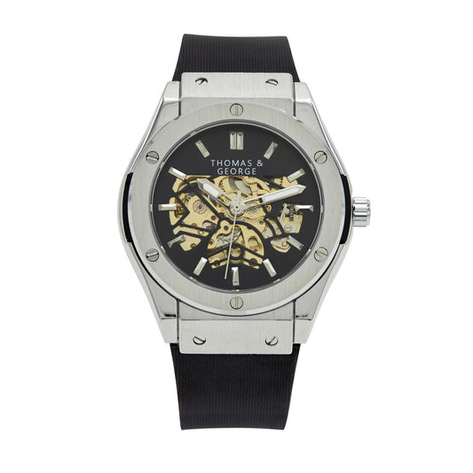 Thomas & George Norway Silver Edition Automatic Skeleton Watch | 42mm Silver-Tone Alloy Case & Black Dial | Flexible Black Silicone Strap