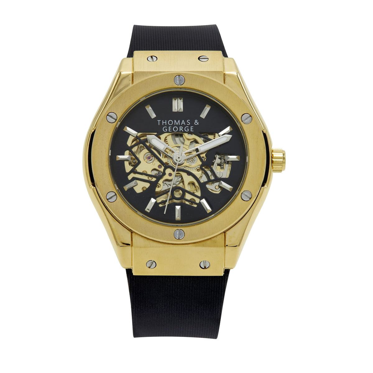 Thomas & George Norway Gold Edition Automatic Skeleton Watch | 42mm Gold-Tone Alloy Case & Black Dial | Flexible Black Silicone Strap | Optional Luxury Box
