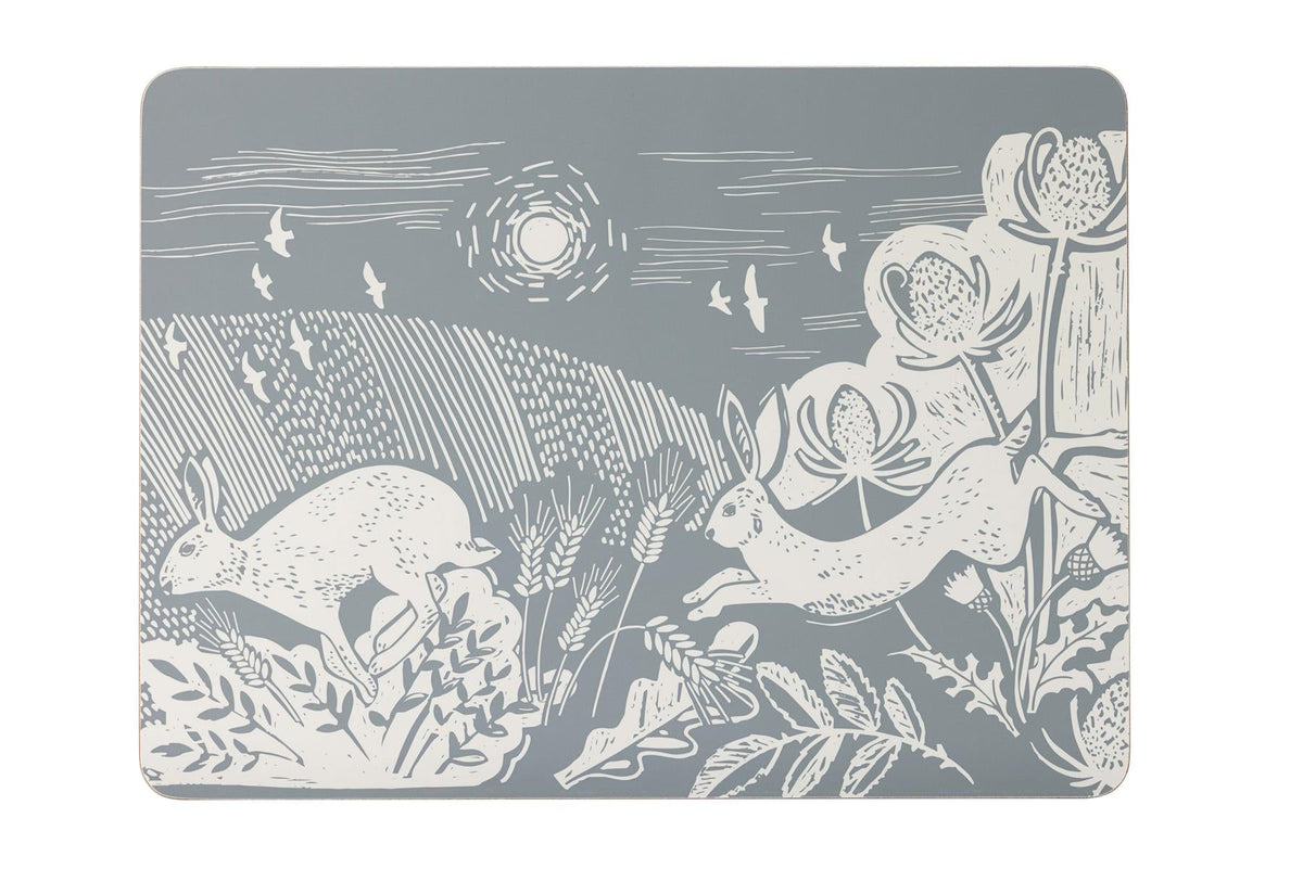 Maison & White Artisan Hare Placemats | Set of 4 | Grey & Cream Countryside Design | Cork Backed | 29 × 21.5cm