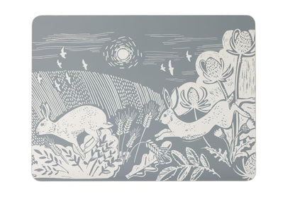 Maison & White Artisan Hare Placemats | Set of 4 | Grey & Cream Countryside Design | Cork Backed | 29 × 21.5cm