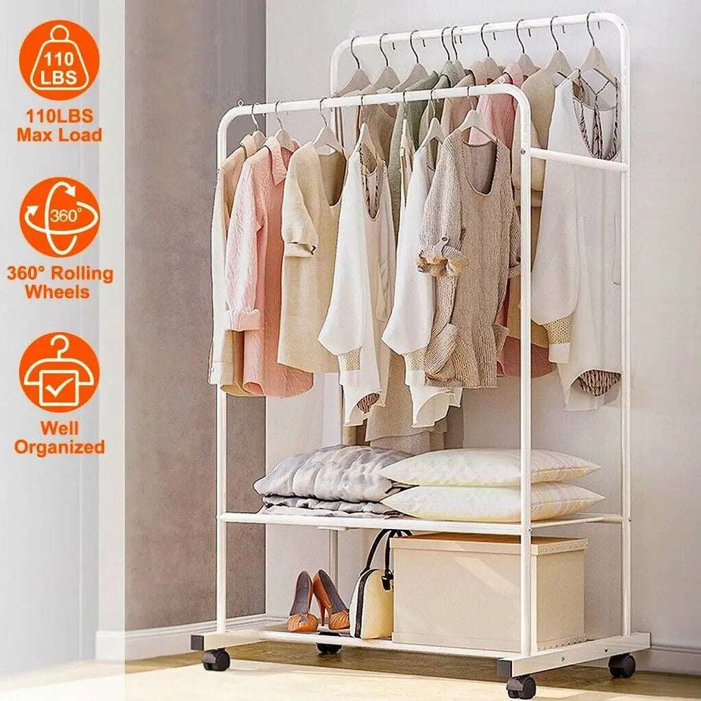 Heavy Duty Rolling Clothes Rack with Wheels Metal Coat Hanger Stand Shoes Storage Organizer