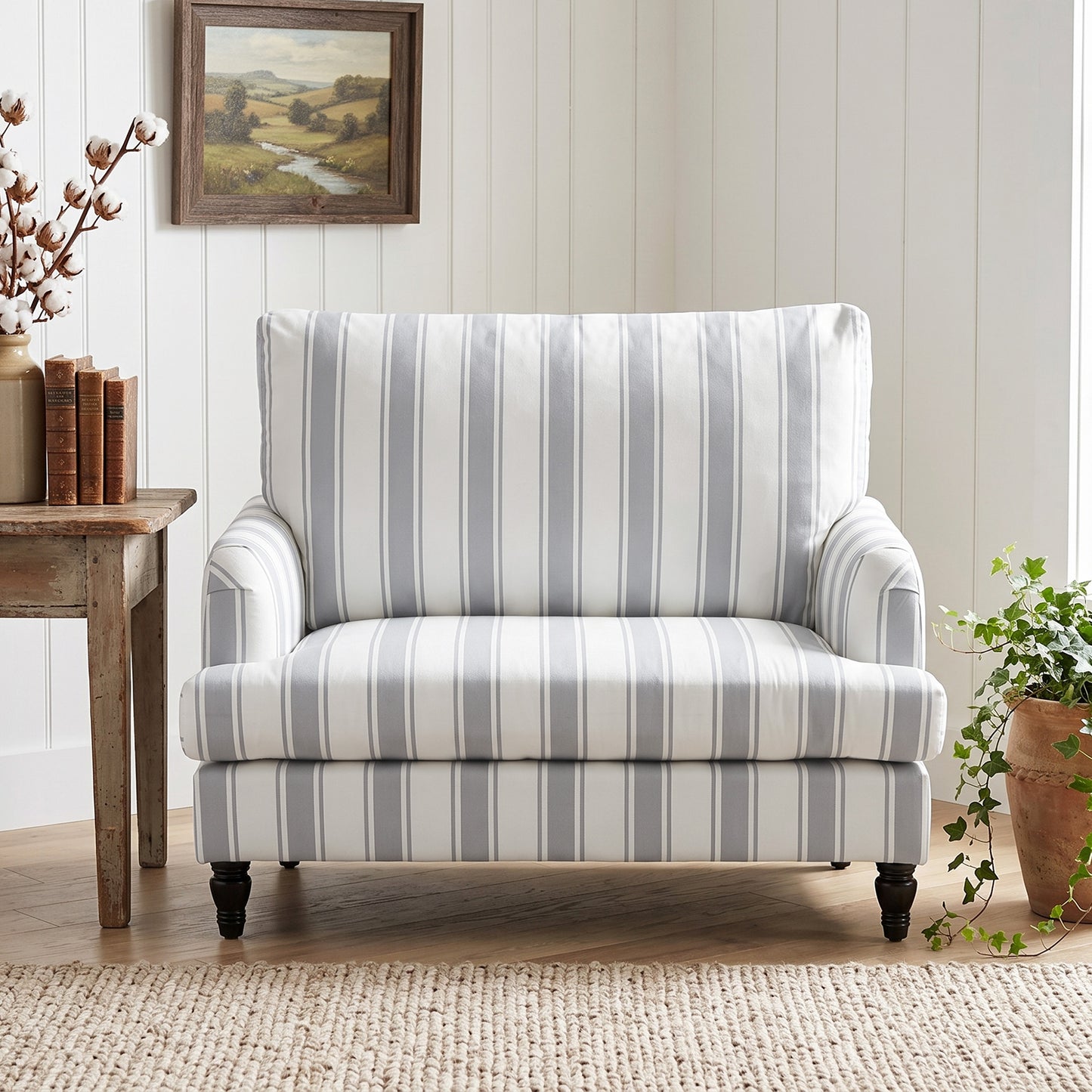 Velvet Accent Armchair | Stripe Design | Turned Rubberwood Legs | 12cm Seat Cushion | 24cm Back Cushion | Wide 90cm Seat | 120kg | 115x82x82cm | Grey & Black