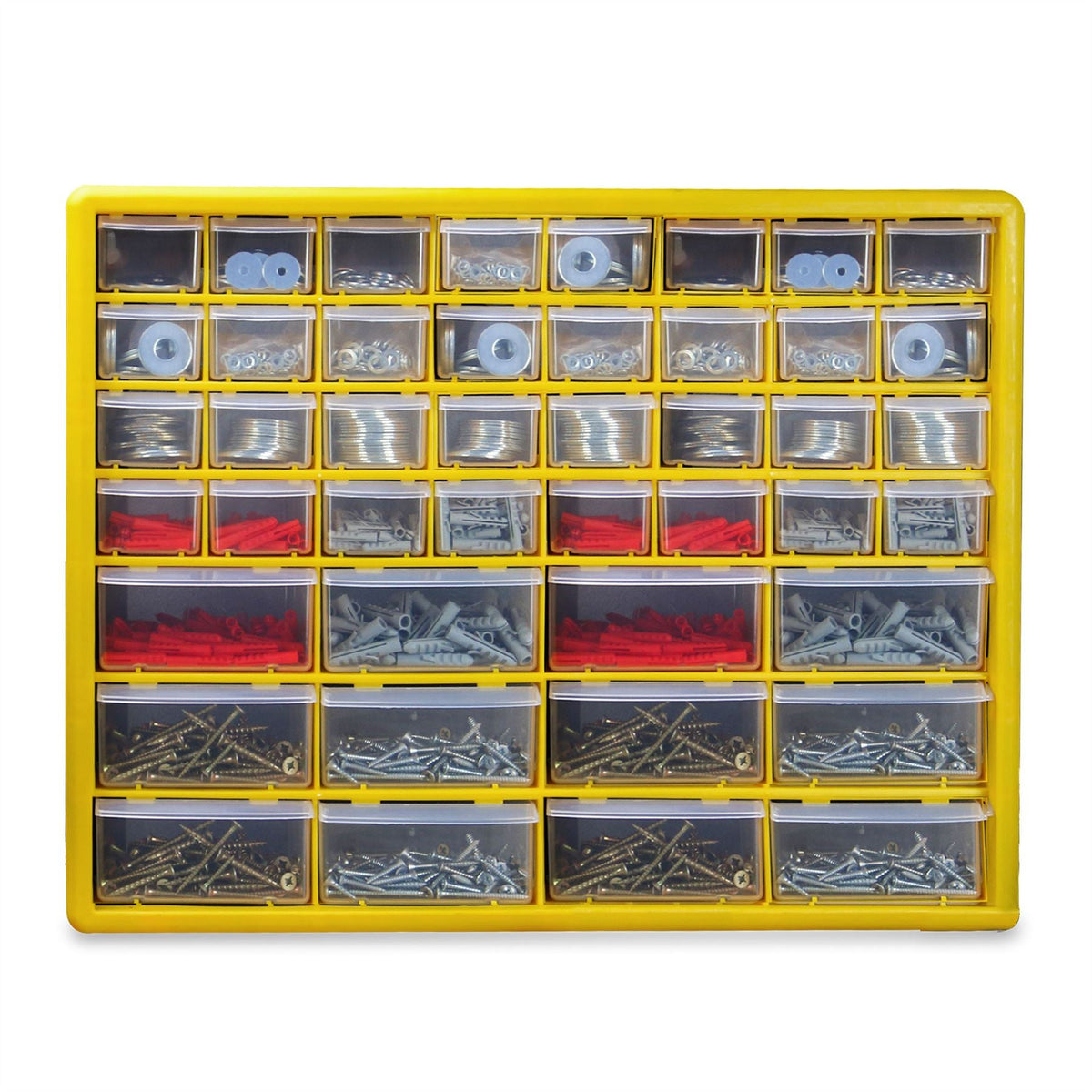 Pukkr 44 Drawer Storage Cabinet | Yellow & Black Small Parts Organiser | Clear Drawers | Desktop or Wall Mounted