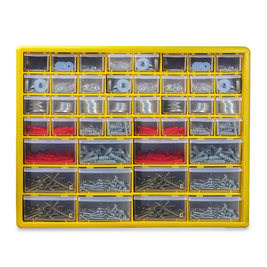 Pukkr 44 Drawer Storage Cabinet | Yellow & Black Small Parts Organiser | Clear Drawers | Desktop or Wall Mounted