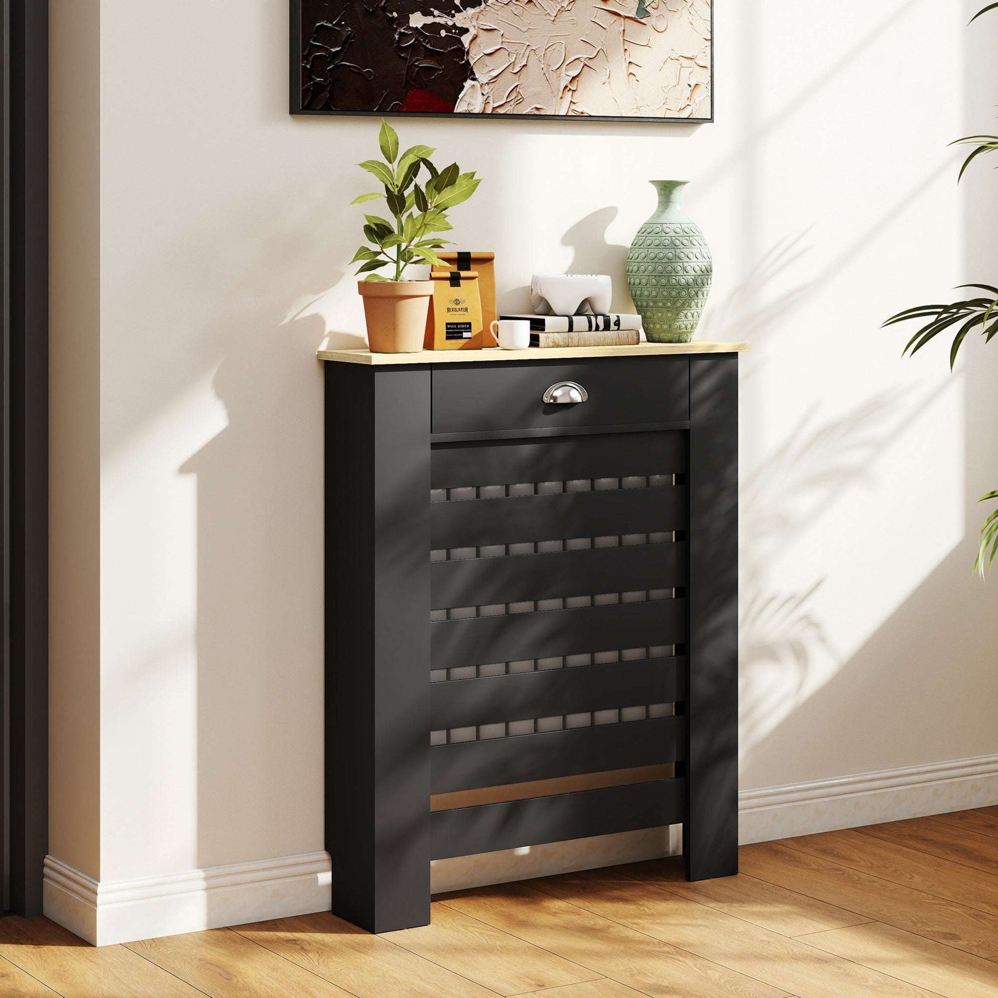 MDF & Particle Board Radiator Cover with 1 Drawer | Slatted Design | Skirting Board Cut-Outs | Easy-Fix Clips | Wood-Effect Top | 5kg Drawer Capacity | 78x19x95.5cm | Black