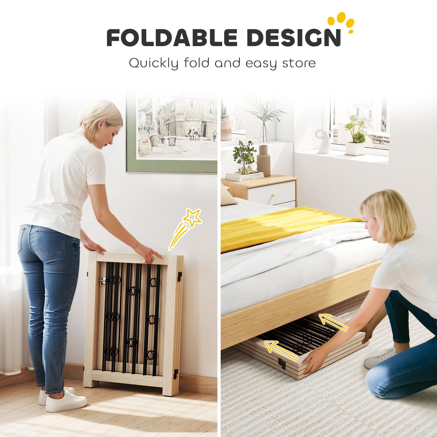 4 Panel Freestanding Pet Gate, Indoor Dog Barrier with Lockable Door, Support Feet, 360° Flexible Hinges, Oak