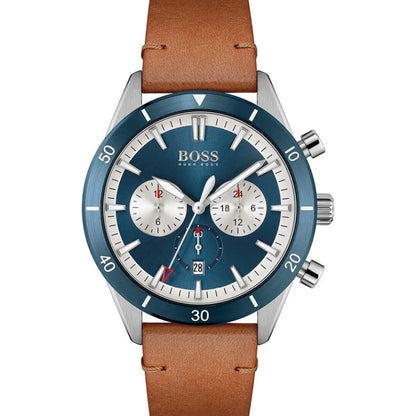 Hugo Boss Men's Santiago Chronograph Watch | Blue Dial | Brown Leather Strap | 44mm | 50m | HB1513860