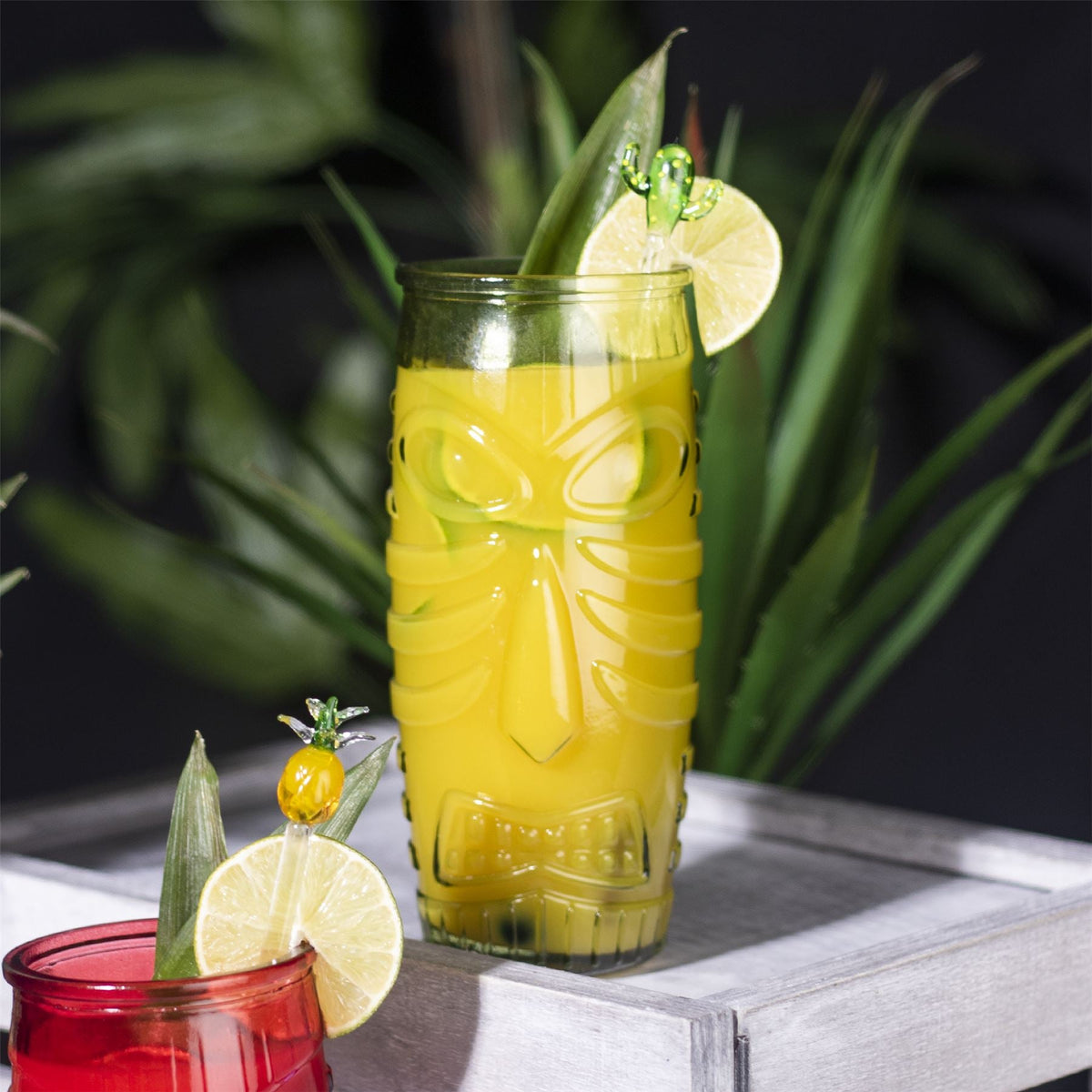 Pukkr Tiki Cocktail Glasses | Set of 2 × 600ml | Red & Green Embossed Face Design | Tropical Cocktail & Mocktail Tumblers