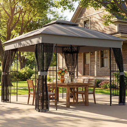 3x3m Permanent Garden Gazebo & Pavilion | Double-Tier UPF50+ Roof | Mesh Panels | Corner Shelves | Grey