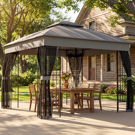 3x3m Permanent Garden Gazebo & Pavilion | Double-Tier UPF50+ Roof | Mesh Panels | Corner Shelves | Grey