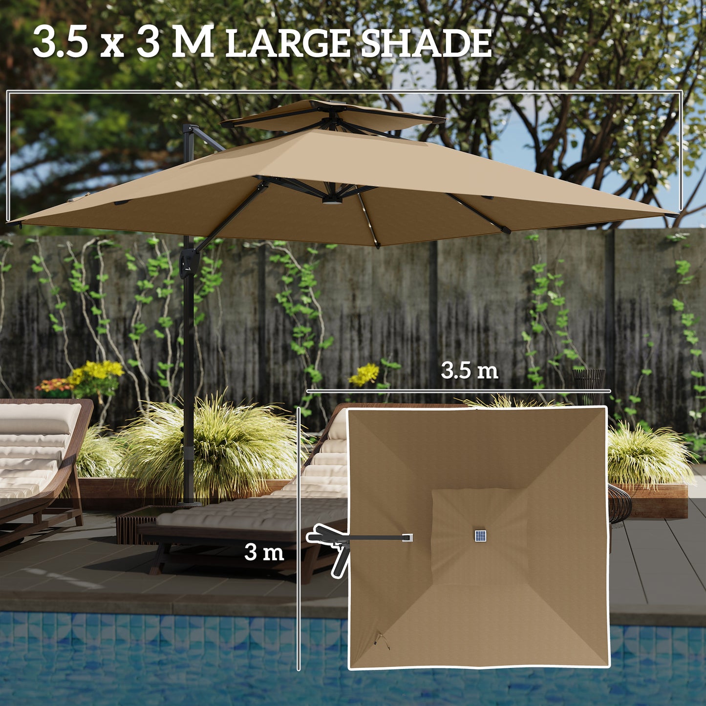 Outsunny 3.5x3 m Garden Cantilever Parasol with Solar LED Lights and Centre Light, Aluminium Large Square Patio Umbrella, UPF50+ Hanging Sun Shade with Cross Base