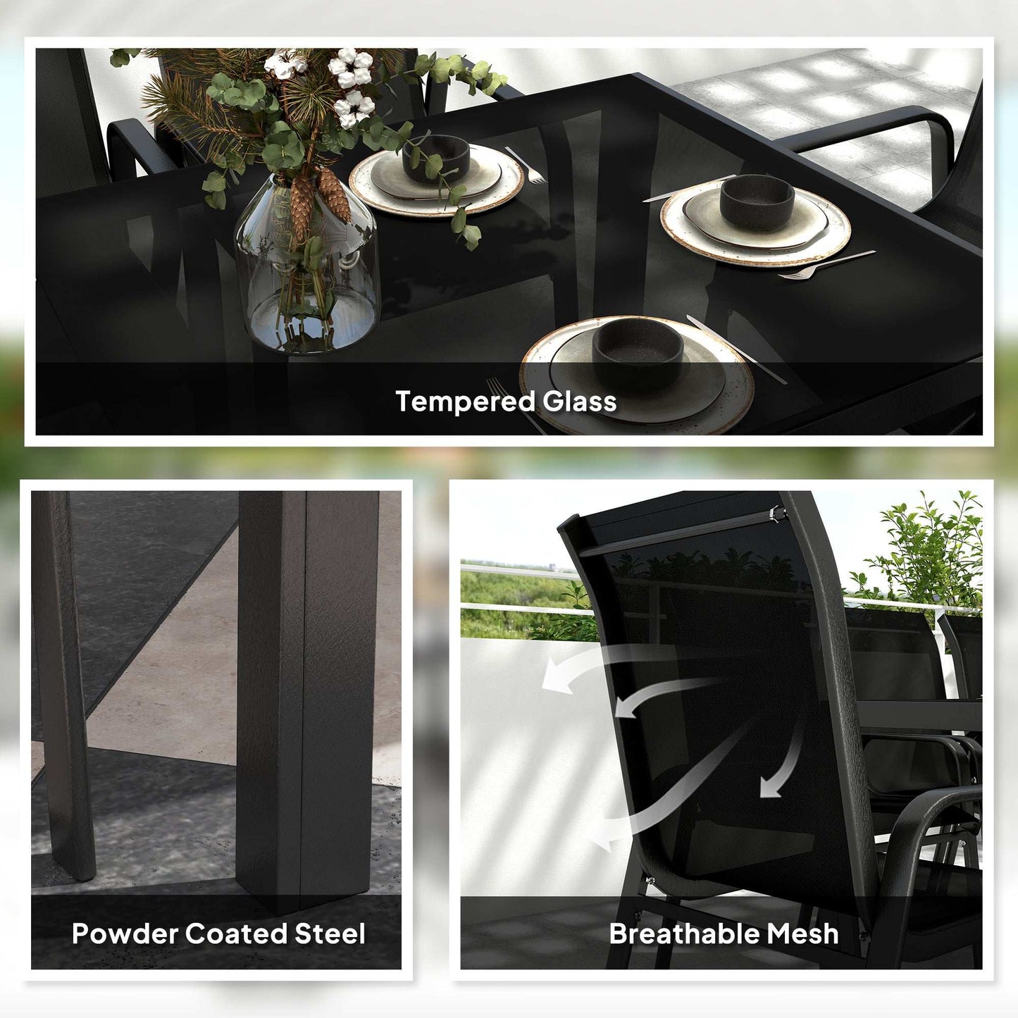 Outsunny 8 Seater Garden Dining Set with, Rectangular Tempered Glass Top, Outdoor Dining Table and Chairs for Patio, Balcony, Poolside, Black