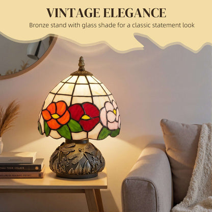 Tiffany-Style Handcrafted Stained Glass Table Lamp | Floral Motif | Sculpted Dragonfly Bronze Resin Base | Rocker Switch | E27 40W Max | 150cm Cable | Φ20x28cm | Multi-Coloured