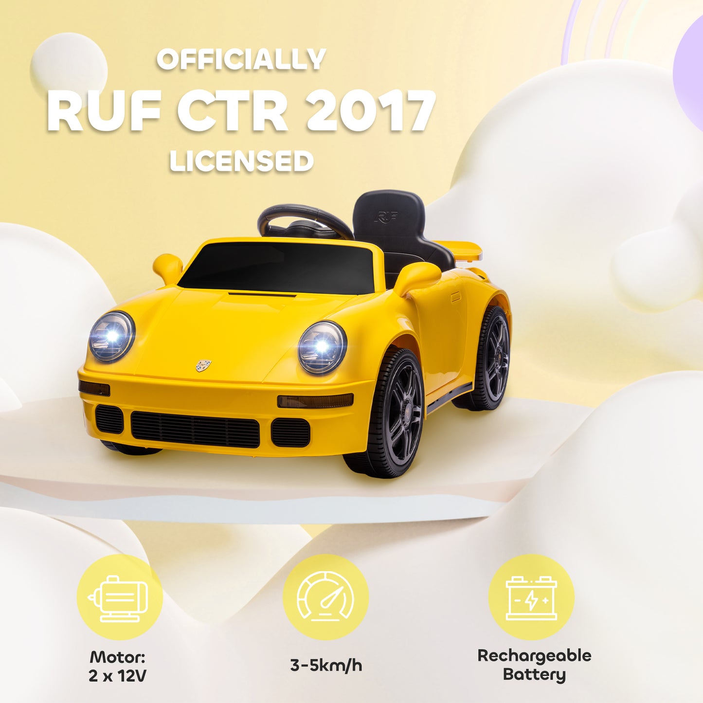 AIYAPLAY Licensed RUF CTR 2017 Electric Car for Kids, with Remote Control, Soft Start, MP3 Player, LED Lights, Yellow / Pink