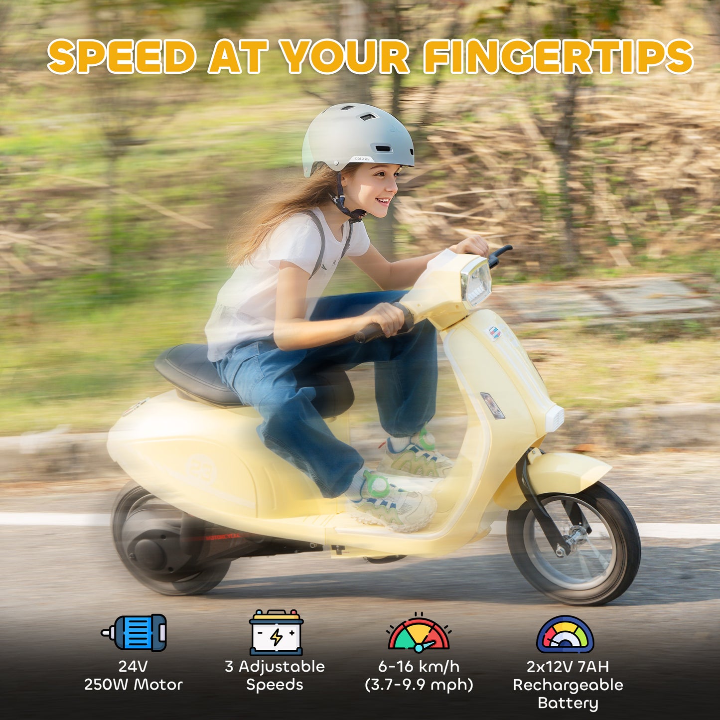 AIYAPLAY 24V Kids Electric Motorbike, Ride on Motorcycle with Manual Throttle, Brakes and LED Lights for Ages 8-12 Years, Beige