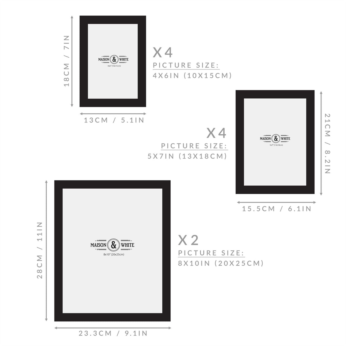 Maison & White Set of 10 Black Assorted Photo Frames | 3 Sizes: 6x4in, 7x5in & 10x8in | Wall Mount or Free-Standing | Portrait & Landscape | E1 Fiberboard | Gallery Wall | 2-Year Warranty