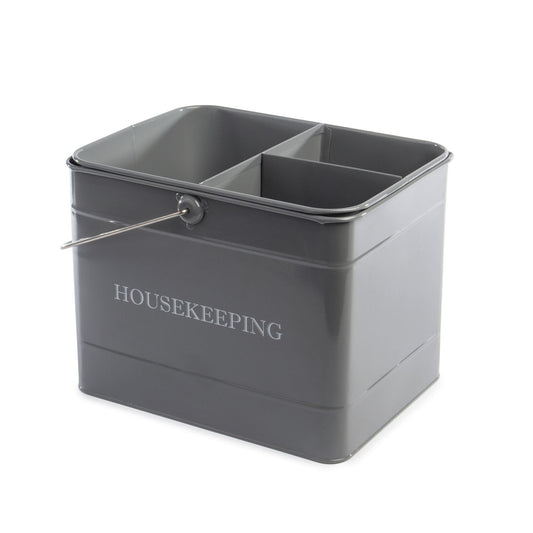 Vintage Cleaning Caddy | Metal & Wood | Deep Main Compartment | Removable 3-Section Tray | Swing Handle | Housekeeping Print | 21x33x21cm | 2-Year Warranty | Grey