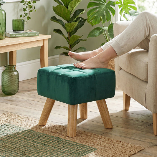 Square Padded Footstool Ottoman Pouffe | Tufted Velvet | Dark Green