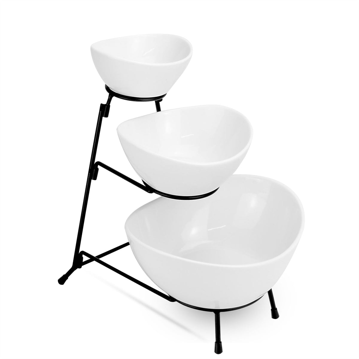 Maison & White 3-Tier Serving Bowl Set | 3 White Ceramic Snack Bowls & Black Iron Stand | Graduated Buffet, Party & Sharing Display | 27cm Stand