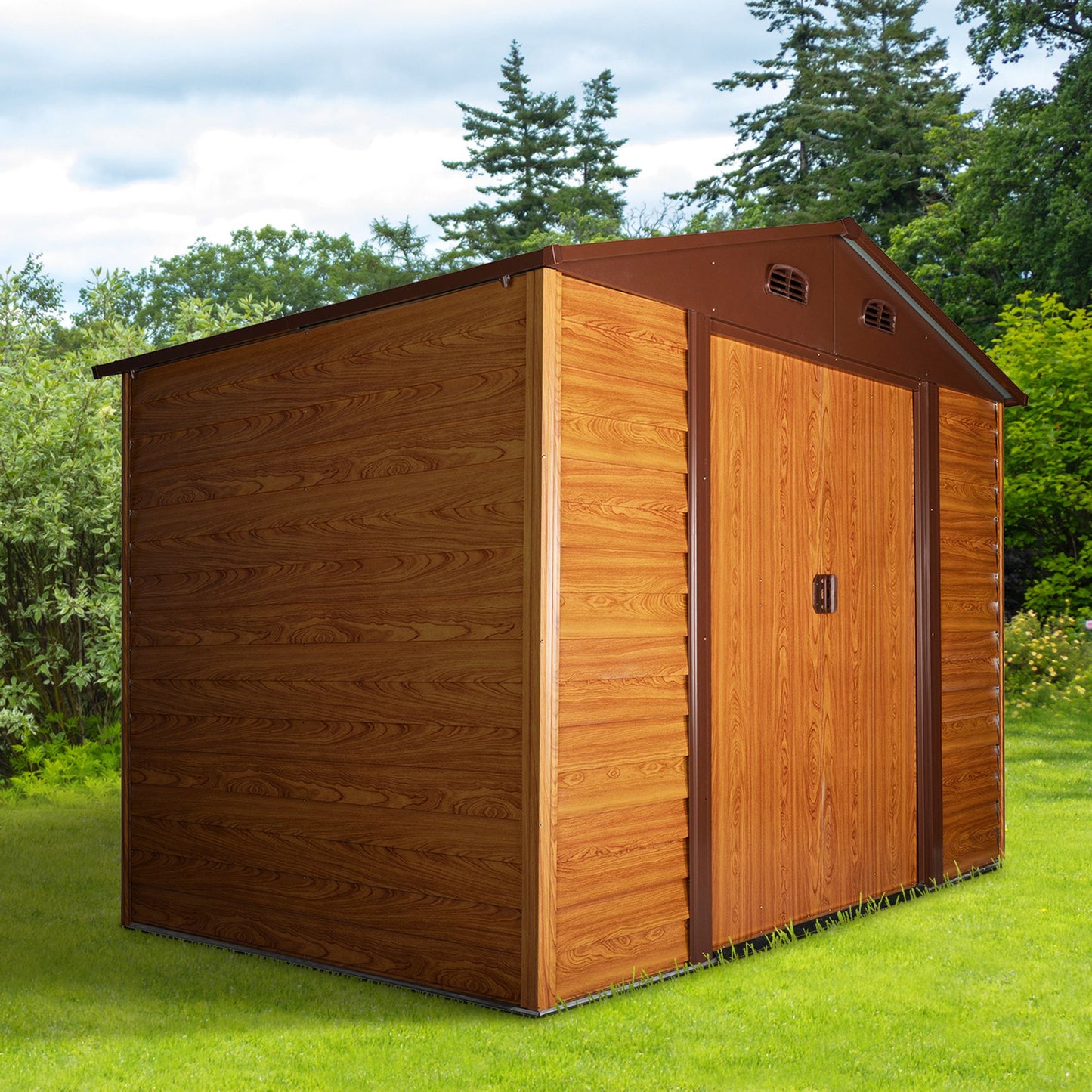 Outdoor 9 X 6Ft Metal Garden Storage Shed Apex Store for Gardening Tool with Foundation and Ventilation, Brown with Wood Grain