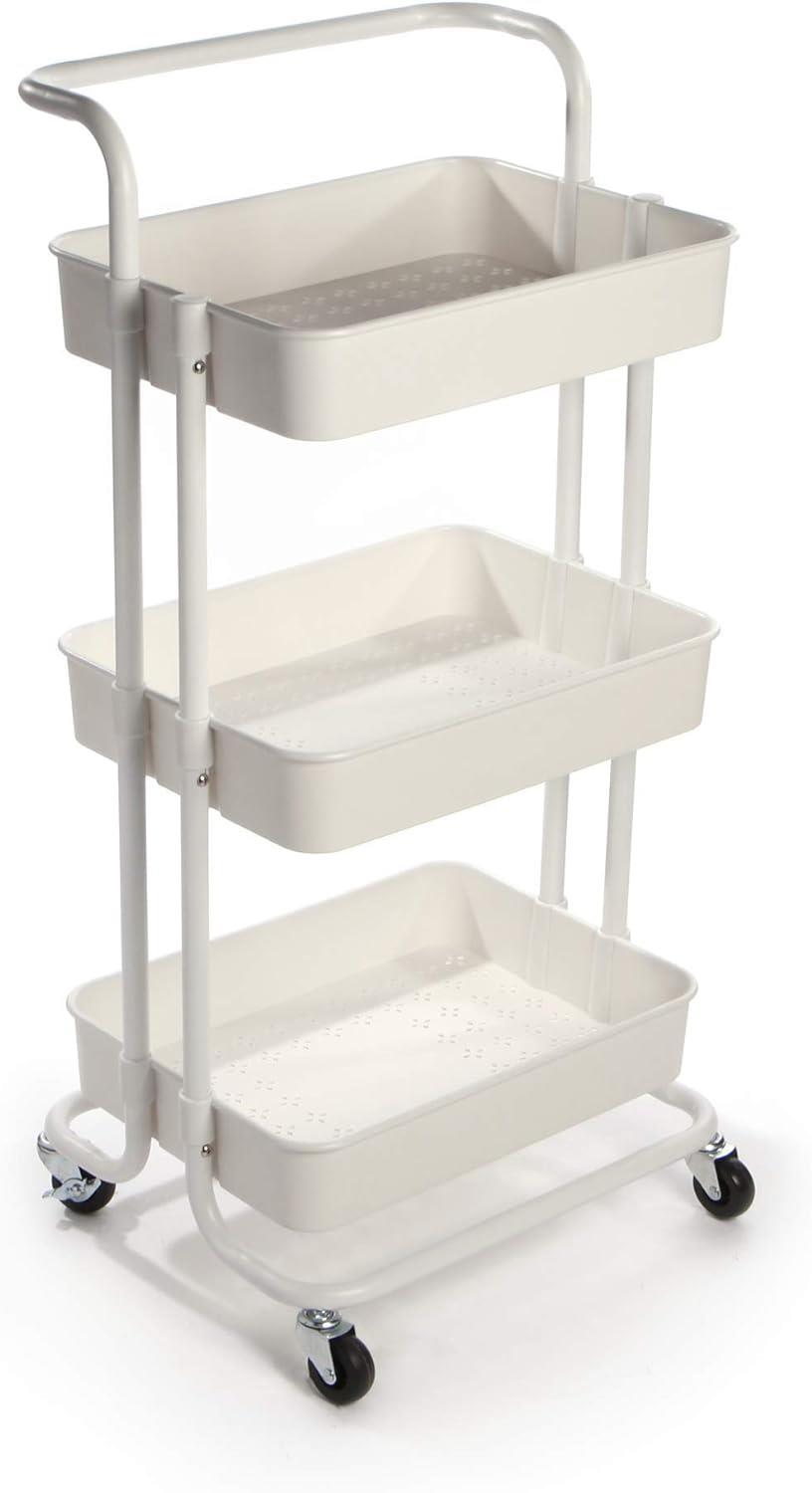 3-Tier Storage Trolley | 4 Wheels with 2 Locks | 10kg Per Tier | ABS Plastic & Steel Frame | Rust & Scratch Resistant | 43x36x86cm | Kitchen Bathroom Bedroom | White