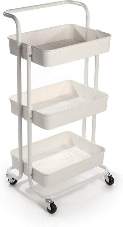 3-Tier Storage Trolley | 4 Wheels with 2 Locks | 10kg Per Tier | ABS Plastic & Steel Frame | Rust & Scratch Resistant | 43x36x86cm | Kitchen Bathroom Bedroom | White