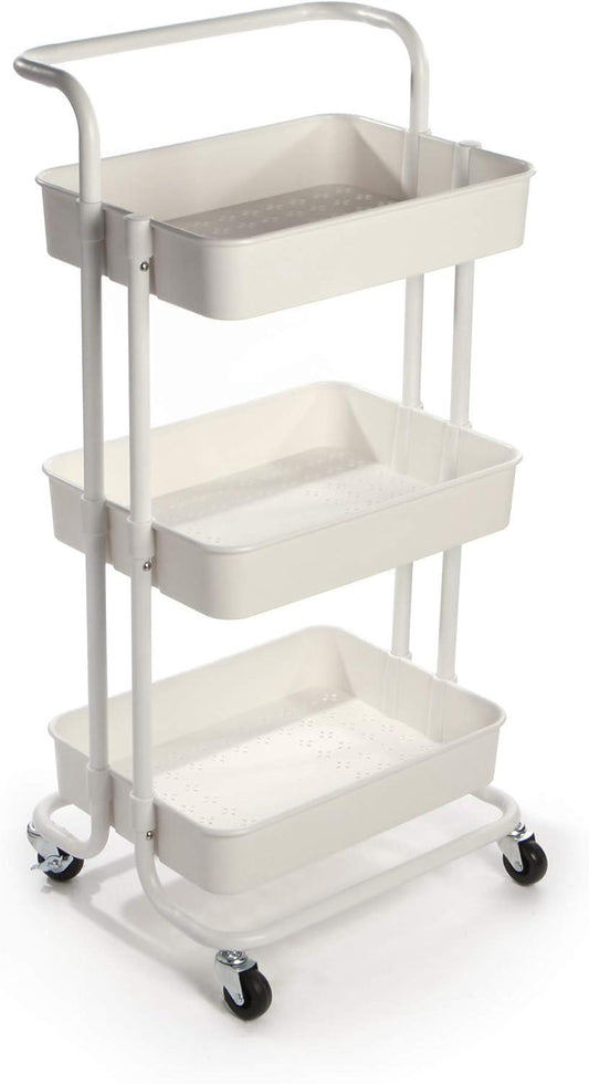 3-Tier Storage Trolley | 4 Wheels with 2 Locks | 10kg Per Tier | ABS Plastic & Steel Frame | Rust & Scratch Resistant | 43x36x86cm | Kitchen Bathroom Bedroom | White