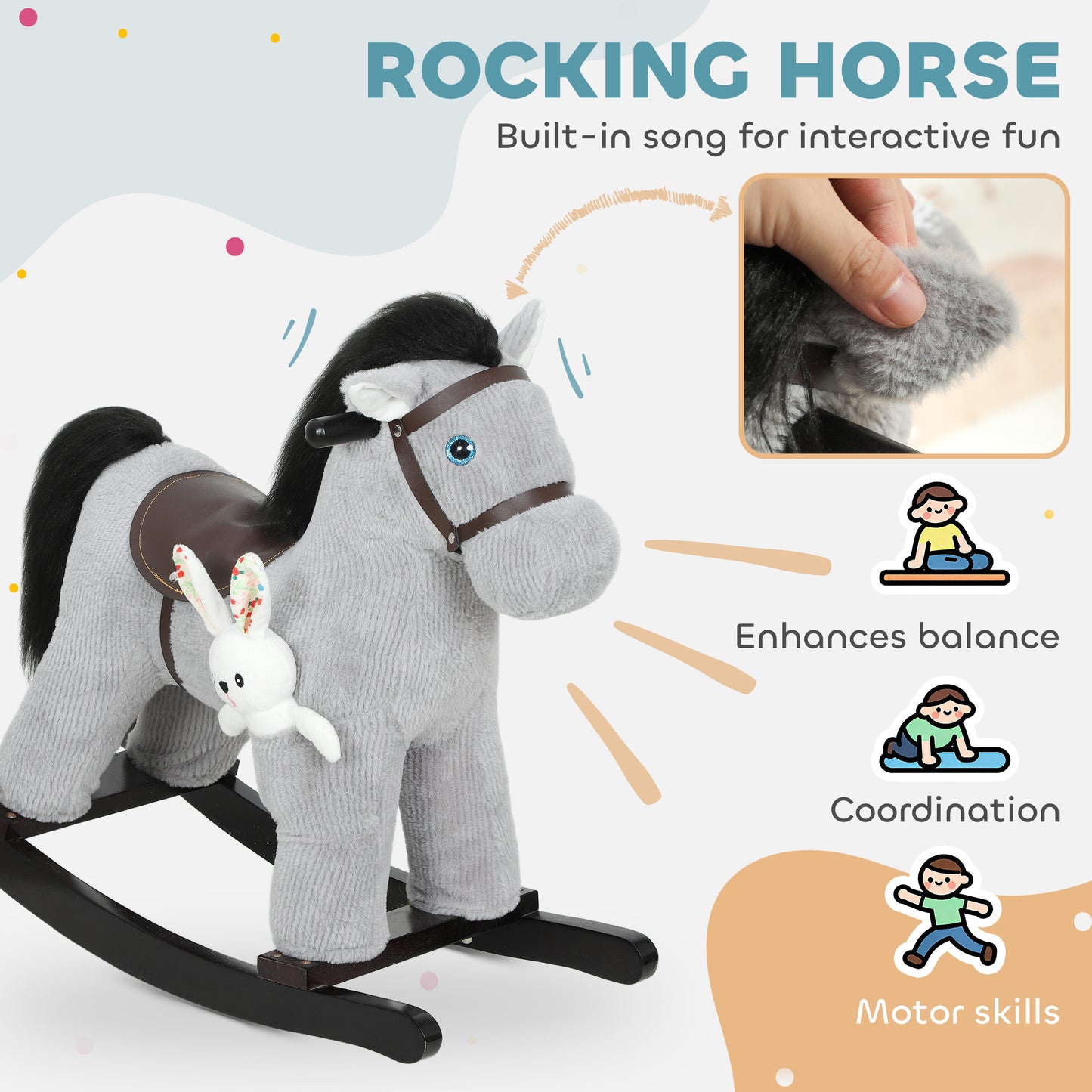 AIYAPLAY Baby Rocking Horse, Plush Ride on Toy with Handle Grip, Sound and Doll, Toddler Animal Rocker for Kids Aged 2–5, Grey
