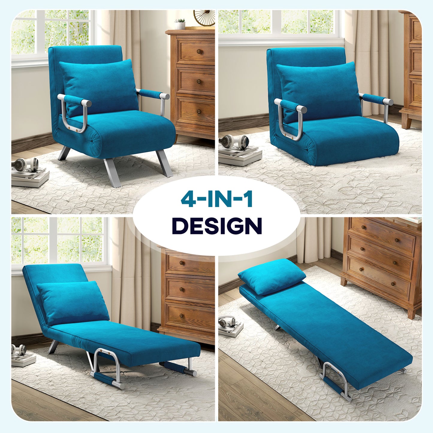 4-in-1 Faux Suede Chair Bed - Blue