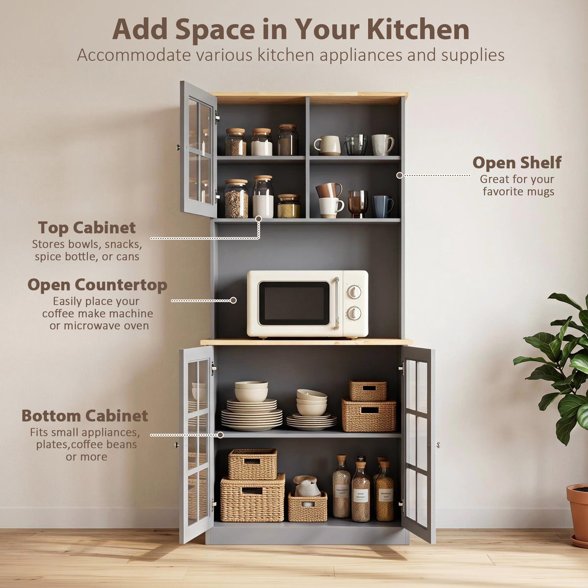 Kitchen Pantry Storage Cabinet | Grey & Oak Buffet Hutch with 3 Cabinets, Adjustable Shelf, 2 Open Shelves & Countertop | 80 x 37 x 183 cm