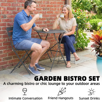 3 Piece Folding Garden Bistro Set | Round Table Ø58cm | 2 Slatted Chairs | Dual Rust Resistant | Folds Flat | No Assembly | 120kg | Grey