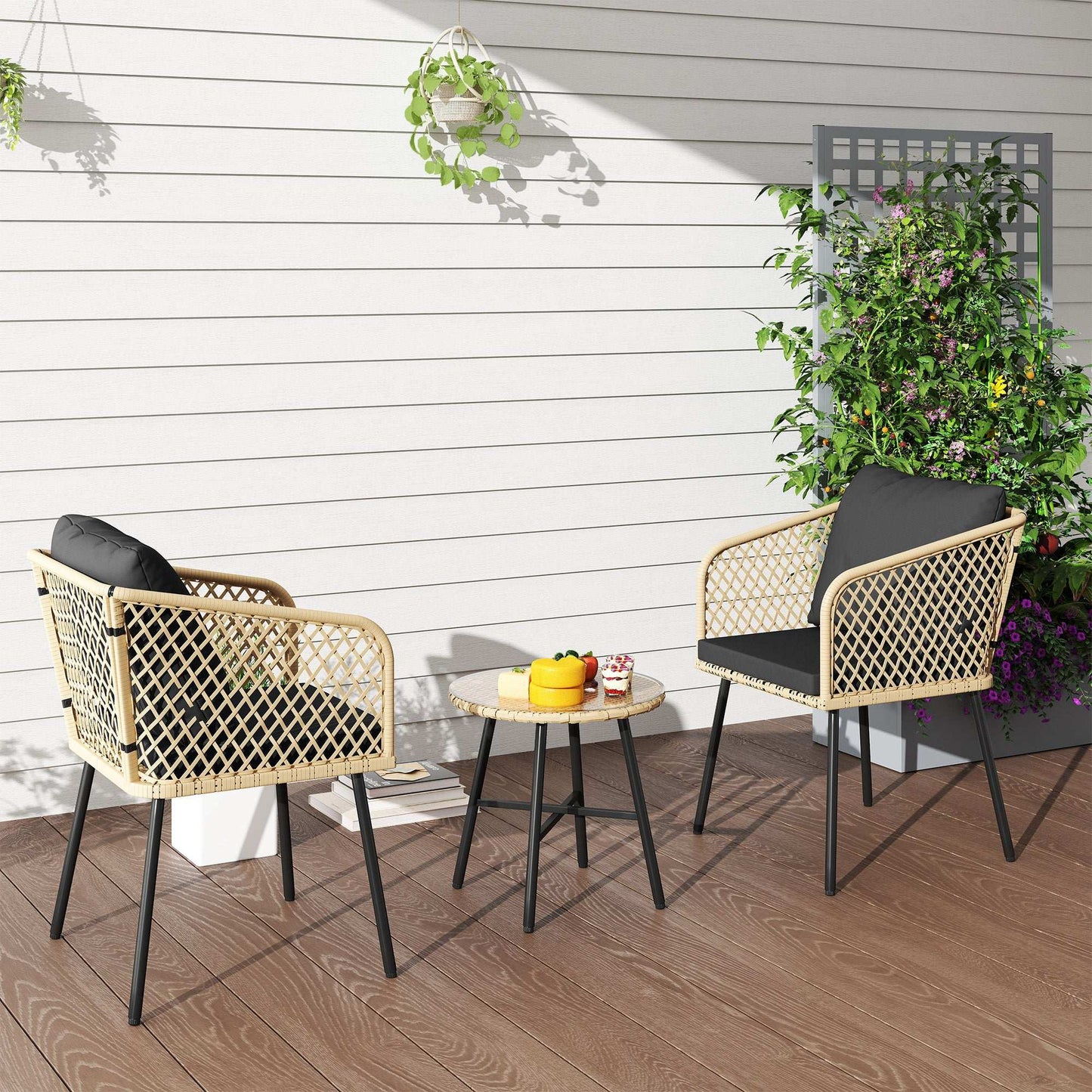 Outsunny 3 Piece Rattan Bistro Set with 2 Chairs, Tempered Glass Table, Cushions, Adjustable Foot Pads, Nature Wood Finish
