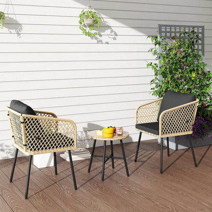 Outsunny 3 Piece Rattan Bistro Set with 2 Chairs, Tempered Glass Table, Cushions, Adjustable Foot Pads, Nature Wood Finish