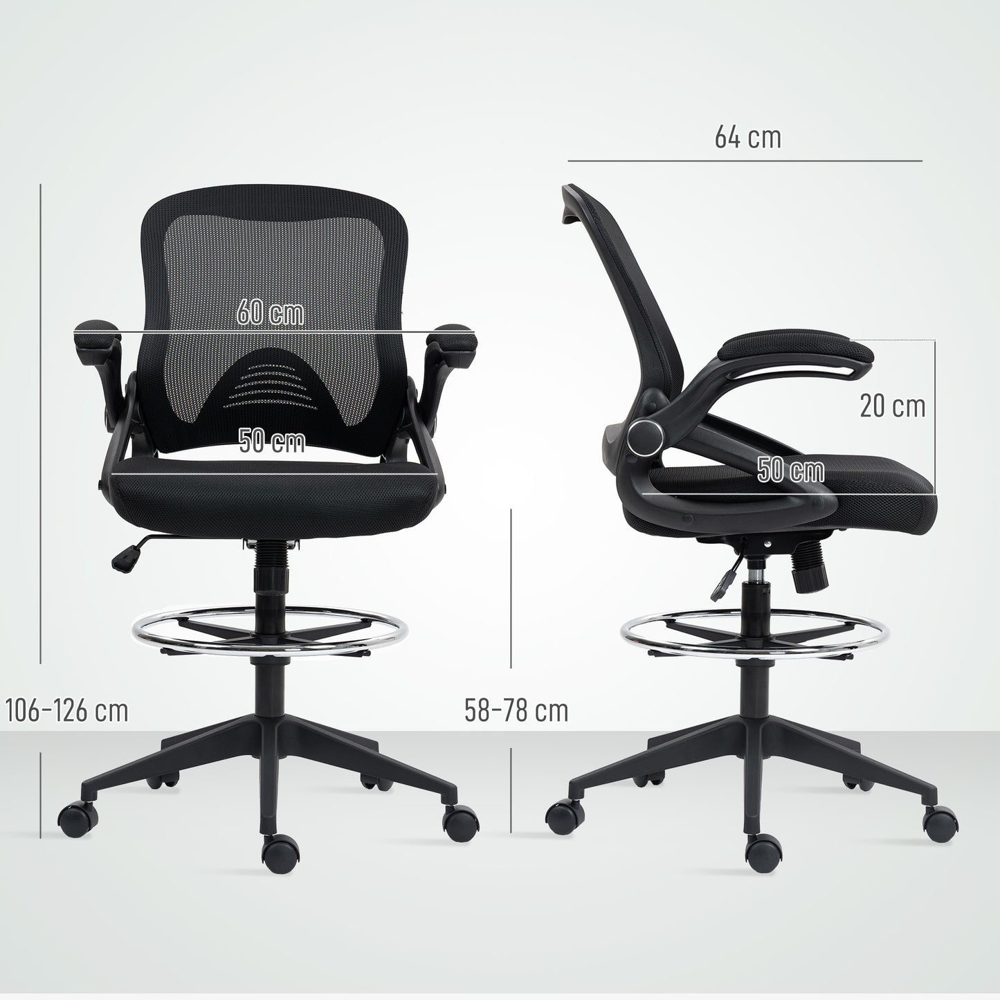 Drafting Chair for Standing Desk | Mesh Back | Foam Seat | Flip-Up Armrests | Foot Ring | 360° Swivel | Height Adjustable 106-126cm | 120kg | Black
