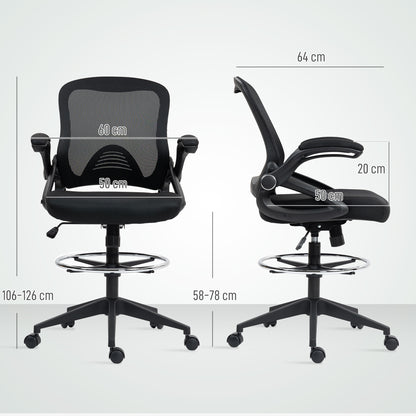 Drafting Chair for Standing Desk | Mesh Back | Foam Seat | Flip-Up Armrests | Foot Ring | 360° Swivel | Height Adjustable 106-126cm | 120kg | Black