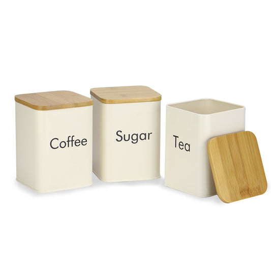 Kitchen Canister Set | 3 Piece | Painted Iron | Airtight Bamboo Lids | Tea Coffee Sugar Labels | Easy Clean | Hand Wash | 2-Year Warranty | Cream